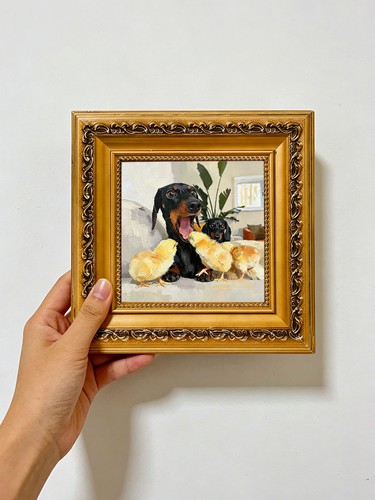 Dachshund surrounded chicks - by,