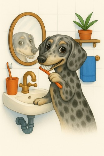 Dapple dachshund bathroom